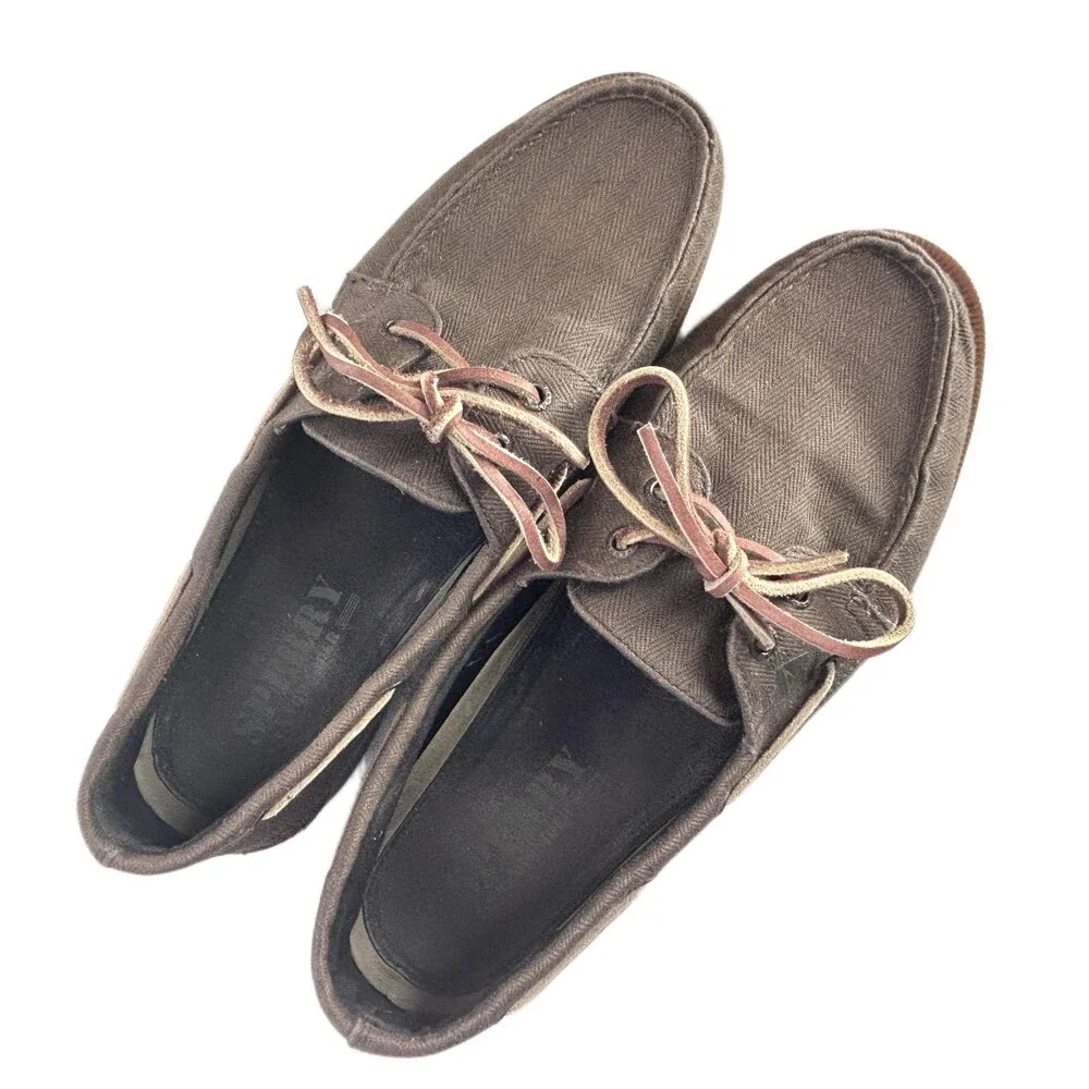 Sperry Topsider Mens 10.5 Boat Shoes Olive Green Canvas 2 Eye Vegan